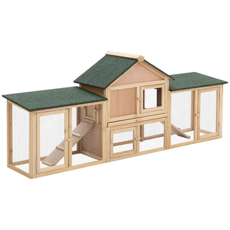 PawHut 90.5" Wooden Rabbit Hutch with Double Side Run Boxes, Pull-out Tray, Ramp