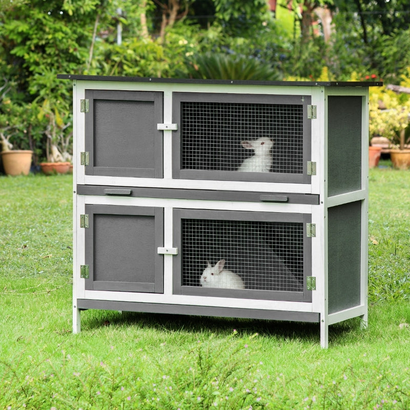 PawHut Wooden Bunny Hutch Rabbit Hutch Small Animals Habitat with Ramp, Removable Tray and Weatherproof Roof, Indoor/Outdoor, Grey