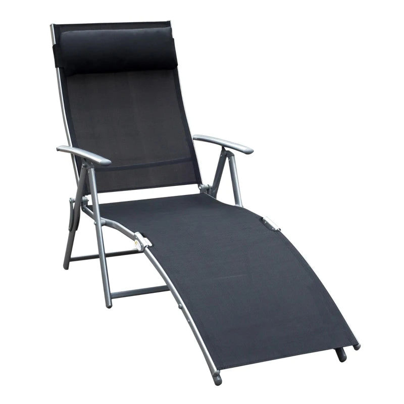Outsunny Outdoor Folding Chaise Lounge Chair, Portable Lightweight Reclining Sun Lounger with 7-Position Adjustable Backrest & Pillow for Patio, Deck, and Poolside, Black