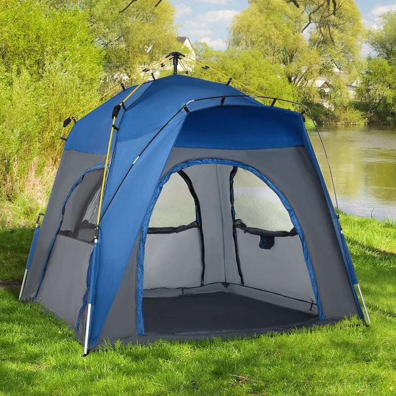 Outsunny Camping Tents 4 Person Pop Up Tent Quick Setup Automatic Hydraulic Family Travel Tent w/ Windows, Doors Carry Bag Included