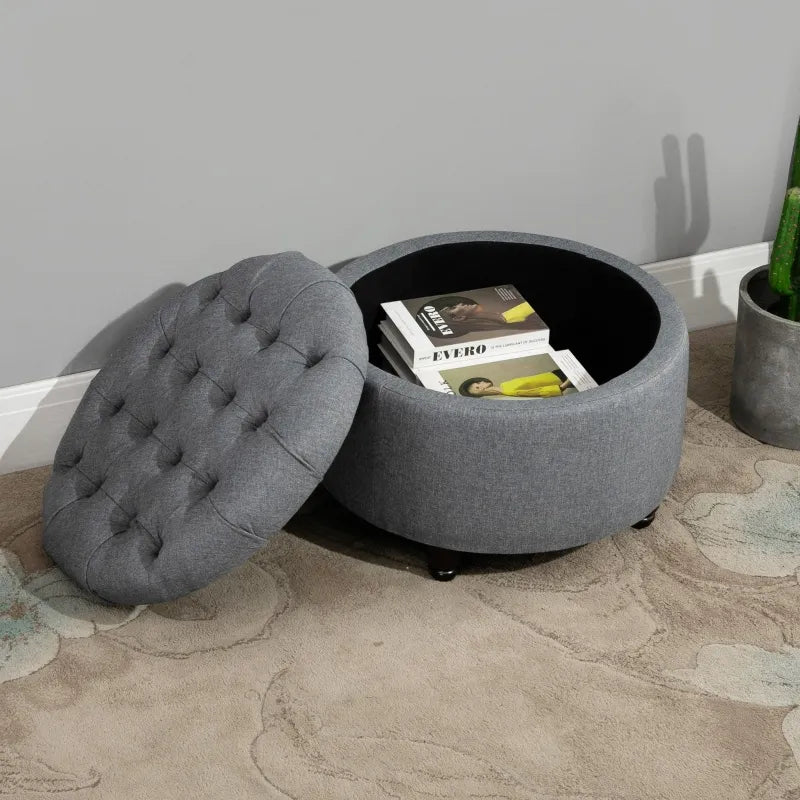 HOMCOM Round Linen-touch Fabric Storage Stool Ottoman Button Tufted Footrest with Removable Lid, Grey