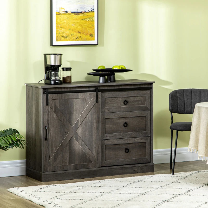 HOMCOM Farmhouse Kitchen Sideboard, Buffet Cabinet with Sliding Barn Door and 3 Storage Drawers for Living Room, Dark Grey