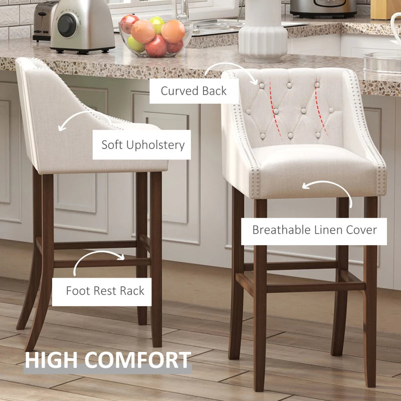 HOMCOM Modern Bar Height Bar Stools Set of 2, 30" Seat Height Bar Chair for Kitchen Living Room with Mid Back, Wood Legs, Nailhead Trim & Tufted Upholstery, Beige