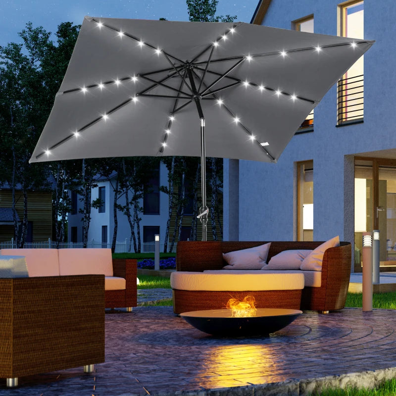 Outsunny 9' x 7' Patio Umbrella Outdoor Table Market Umbrella with Crank, Solar LED Lights, 45° Tilt, Push-Button Operation, for Deck, Backyard, Pool and Lawn, Dark Gray