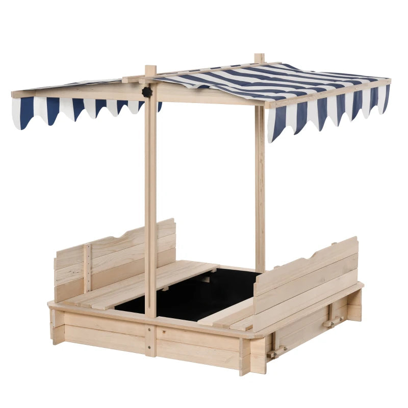 Outsunny Kids Wooden Sandbox, w/ Adjustable Canopy, Seats, for Backyard, Beach, Natural