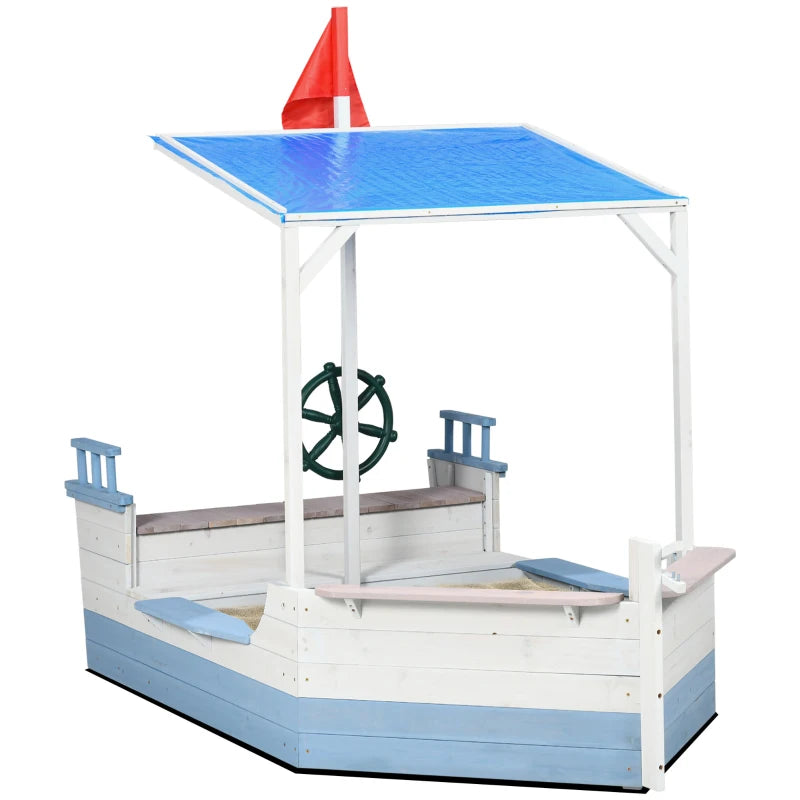 Outsunny Kids Sandbox with Canopy, Wooden Sandbox Backyard Toy, Pirate Ship Sandbox for Up to 4 Kids, Outdoor Activity Boat Toy, 82.75" x 43.25", Blue