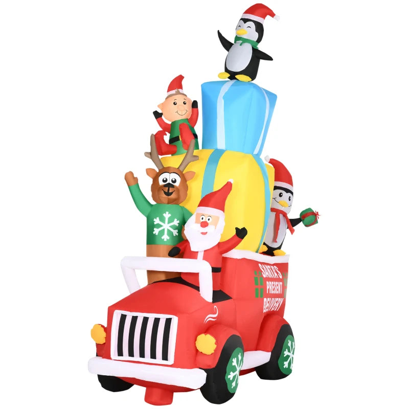 Outsunny 9ft Inflatable Santa Claus Driving a Gift Car with Elk, Elf and Two Penguins, Christmas Blow-Up Outdoor LED Yard Display
