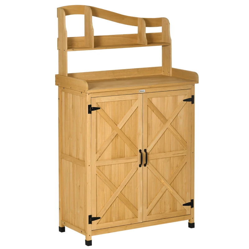 Outsunny Outdoor Storage Cabinet & Potting Table, Wooden Gardening Bench with Patio Cabinet and Magnetic Doors, Yellow