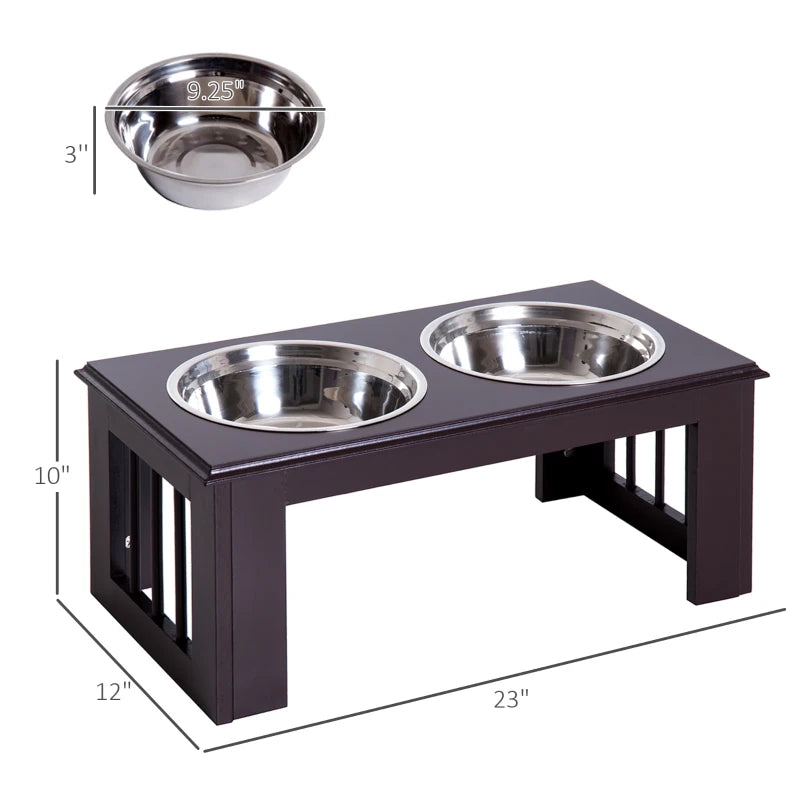 PawHut Double Bowl Wooden Stand Pet Feeder Elevated Base Cat Puppy Bowl