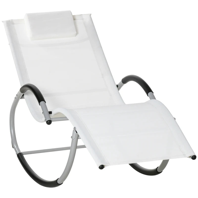 Outsunny Outdoor Rocking Chair with Detachable Pillow, Zero Gravity Patio Chaise Sun Lounger Chair with Breathable Mesh Fabric, and Curved Armrests for Lawn, Garden or Pool,  White