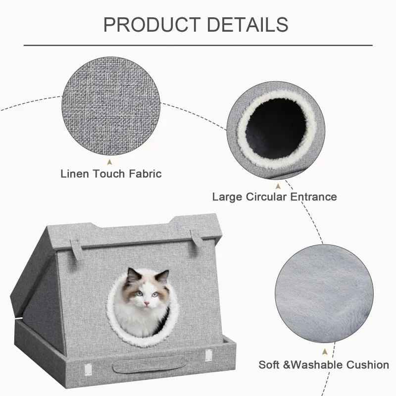 PawHut Cat House Foldable 2 In 1 Design Condo Pet Bed with Removable Washable Cushions Scratching Pad - Grey