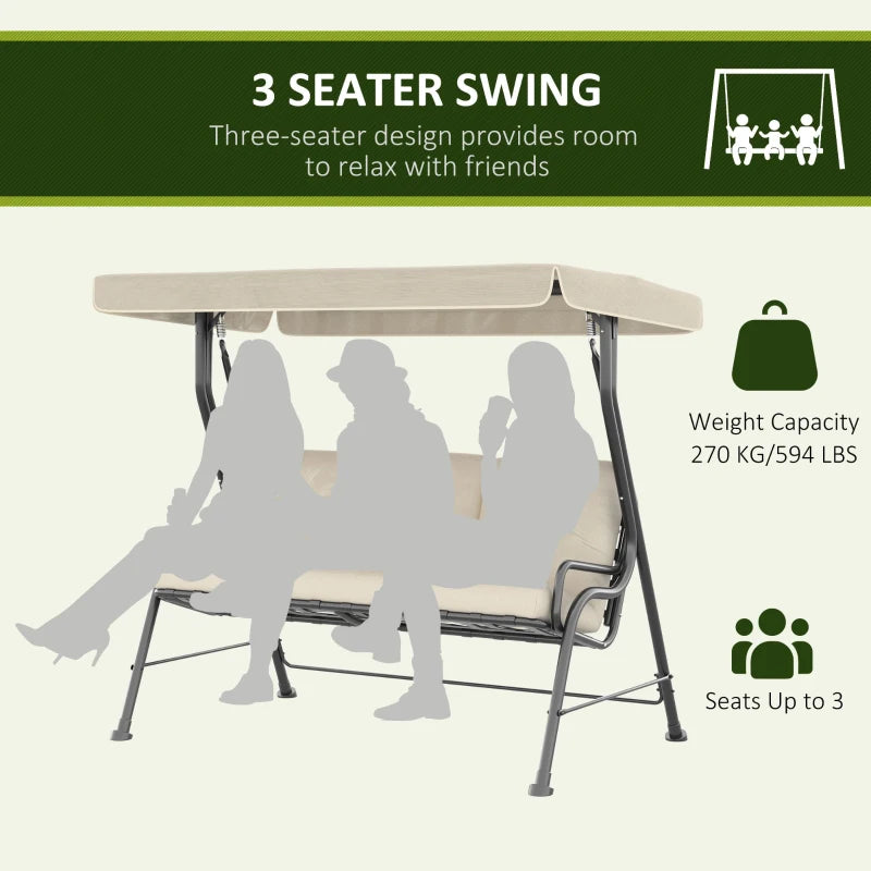 Outsunny 3-Seat Patio Swing Chair, Outdoor Swing Glider with Adjustable Canopy, Removable Thicken Cushion, and Weather Resistant Steel Frame, for Garden, Poolside, Backyard, Gray
