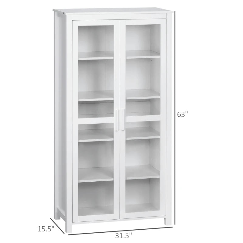 HOMCOM Freestanding Kitchen Pantry, 5-tier Storage Cabinet with Adjustable Shelves and 2 Glass Doors for Living Room, Dining Room, White
