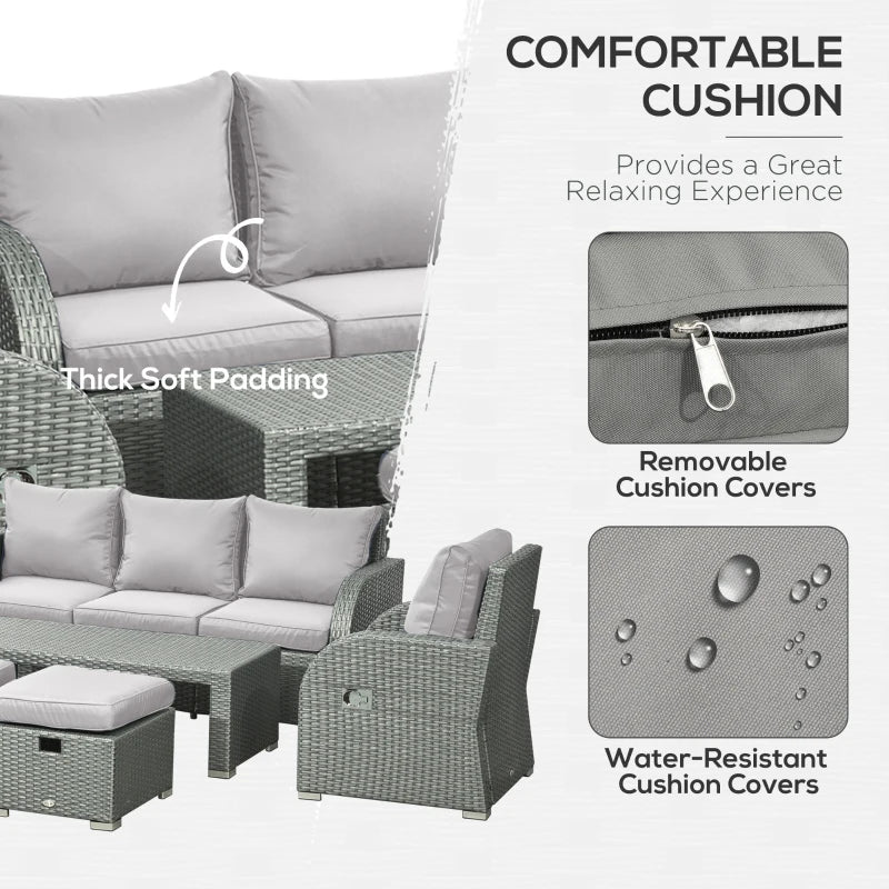 Outsunny 6-Piece Outdoor Rattan Patio Sectional Sofa Set with 3-Seat Couch, 2 Recliners, 2 Ottoman Footrests, & Coffee Table Conversation Set, Light Grey
