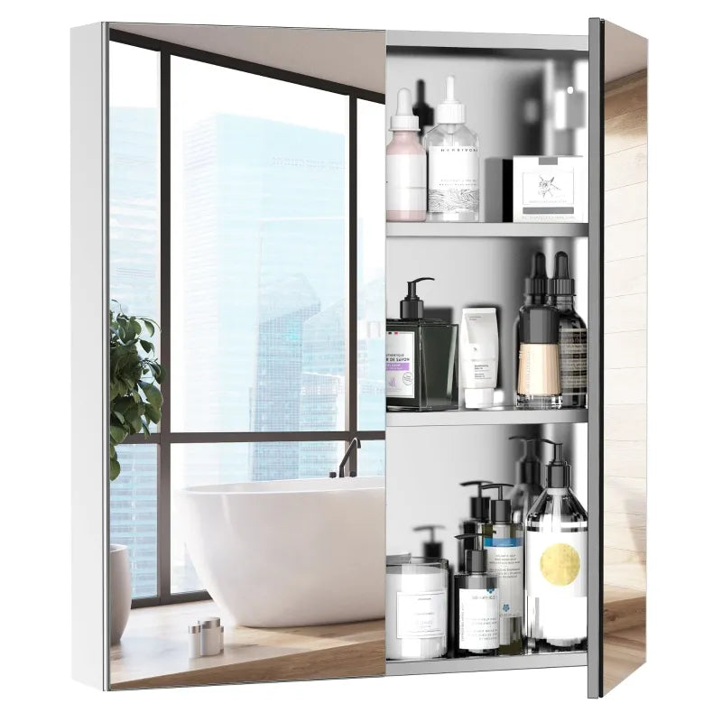 kleankin Bathroom Mirrored Cabinet, 24"x26" Stainless Steel Frame Medicine Cabinet, Wall-Mounted Storage Organizer with Double Doors, Silver