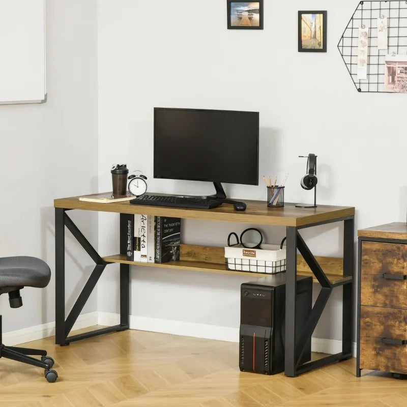 HOMCOM 47 Inch Industrial Writing Desk with Storage Shelf Below, Computer Desk with K-Shaped Steel Frame and Adjustable Footpads for Home Office, Black/Brown