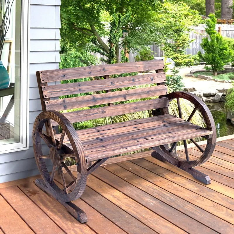 Outsunny Wooden Wagon Wheel Bench, Rustic Outdoor Patio Furniture, 2-Person Seat Bench with Backrest, Carbonized