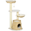 PawHut Cozy-House Cat Tree for Indoor Cats with Pillow-Covered Perches, Spinning Toy, Modern Climbing Activity Cat Tower with Scratching Posts, Cat Condo, Ladder, Natural