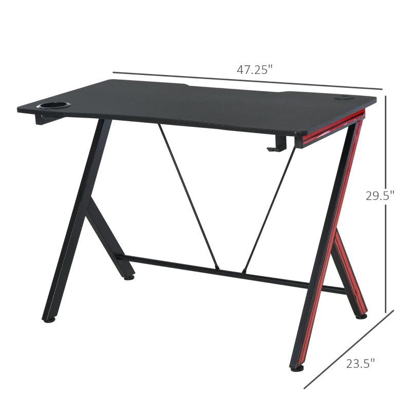 HomCom 41 inch Gaming Computer Desk, Home Office Gamer Table Workstation with Cup Holder, Headphone Hook, Cable Management, Carbon Fiber Surface