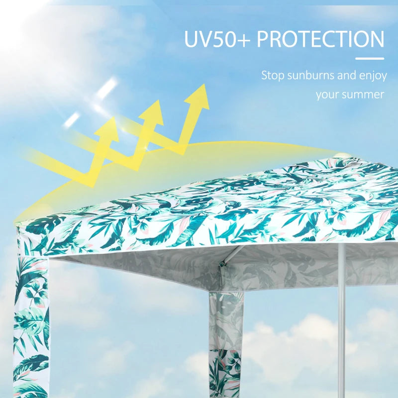 Outsunny Quick Beach Cabana Canopy Umbrella, 8' Easy-Assembly Sun-Shade Shelter with Sandbags and Carry Bag, Cool UV50+ Fits Kids & Family, Green Coconut Palm