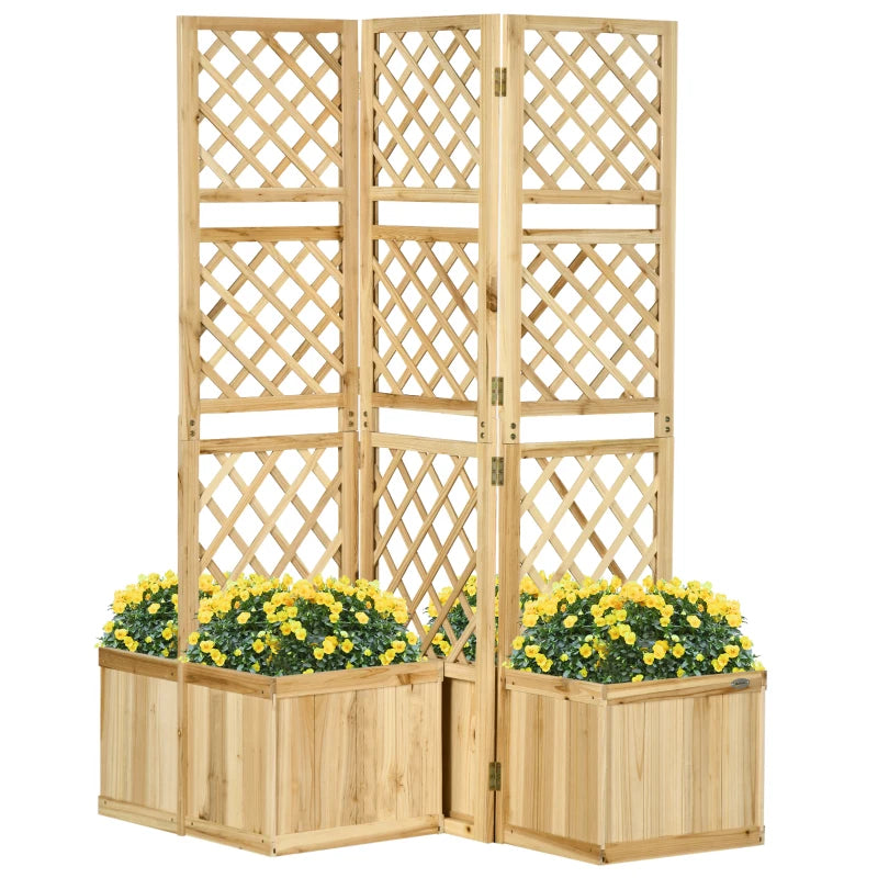 Outsunny Wood Privacy Screen w/ 4 Planter Box, Raised Bed w/ 3 Panels & Drainage Holes