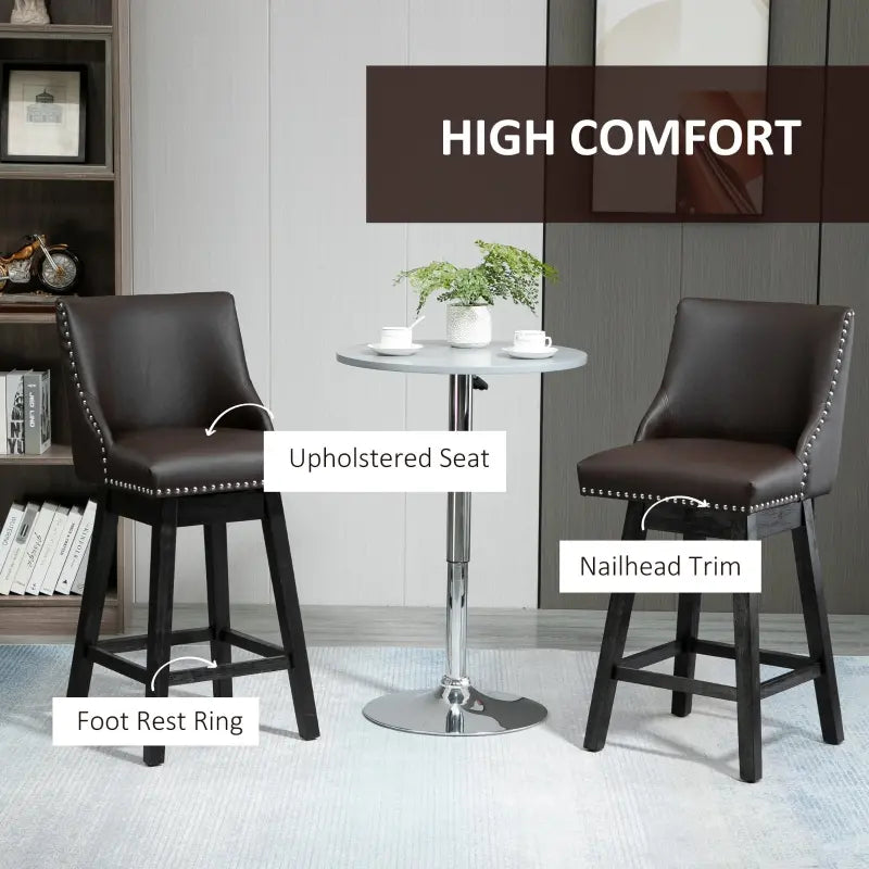 HOMCOM 28" Swivel Bar Height Bar Stools Set of 2, Armless Upholstered Barstools Chairs with Nailhead Trim and Wood Legs, Brown