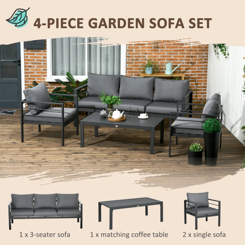 Outsunny 4 Piece Patio Furniture Set, Outdoor L-Shaped Sectional Sofa with 2 Loveseats, 1 Couch Corner, Outside Conversation Set with Dining Table, Cushions, Gray