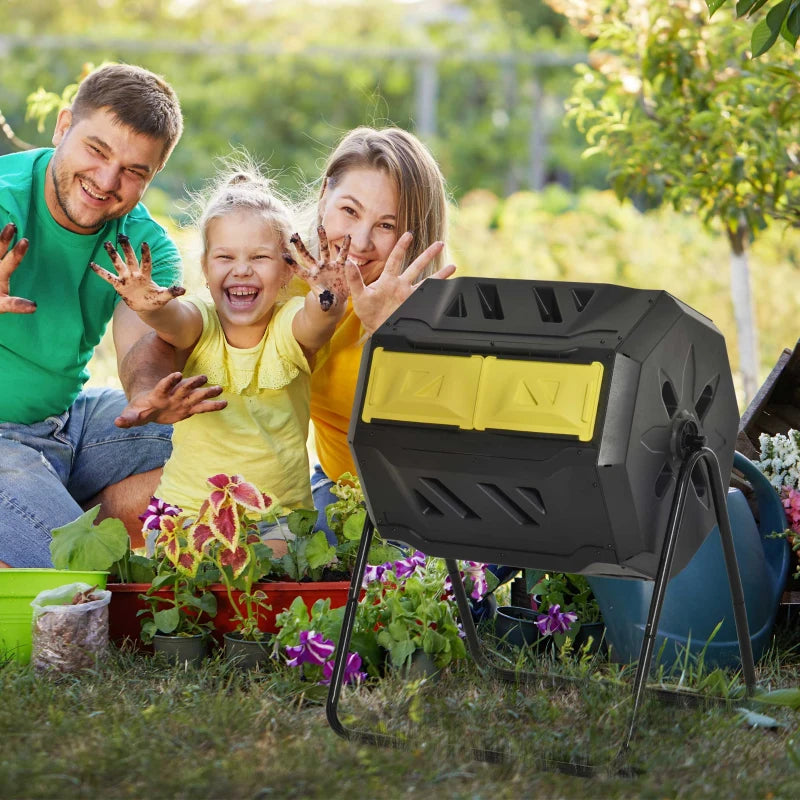 Outsunny Garden Compost Bin with Dual Rotating Tumbler, Outdoor Composter with Sliding Doors, Black & Yellow