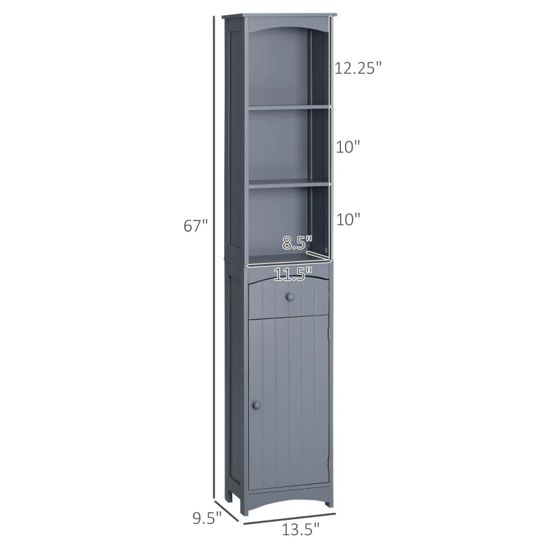 HOMCOM Bathroom Storage Cabinet, Free Standing Bathroom Storage Unit, Tall Linen Tower with 3-Tier Shelves and Drawer, Grey