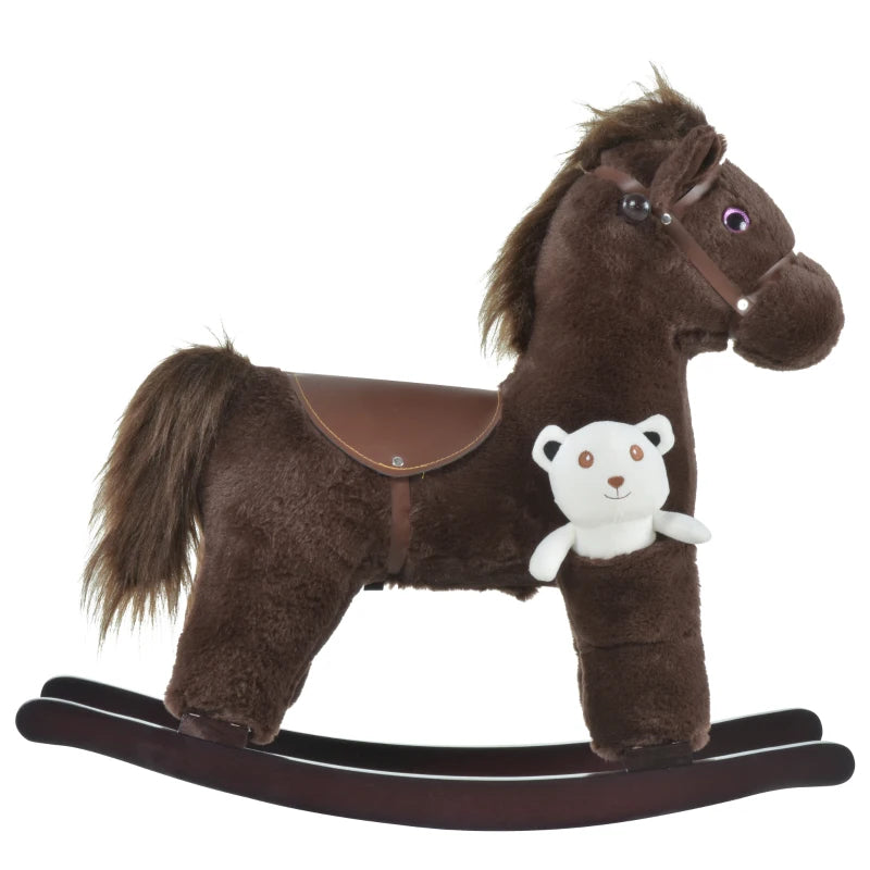 Qaba Kids Plush Ride-On Rocking Horse with Bear Toy, Children Chair with Soft Plush Toy & Fun Realistic Sounds, White