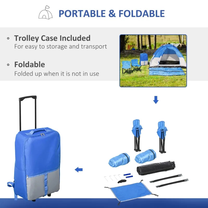 Outsunny Kids Camping Tent with Chairs, Sleeping Bags, Flashlights, Trolley Case, 69" L 53.25" W 37.5" H, Blue/Grey