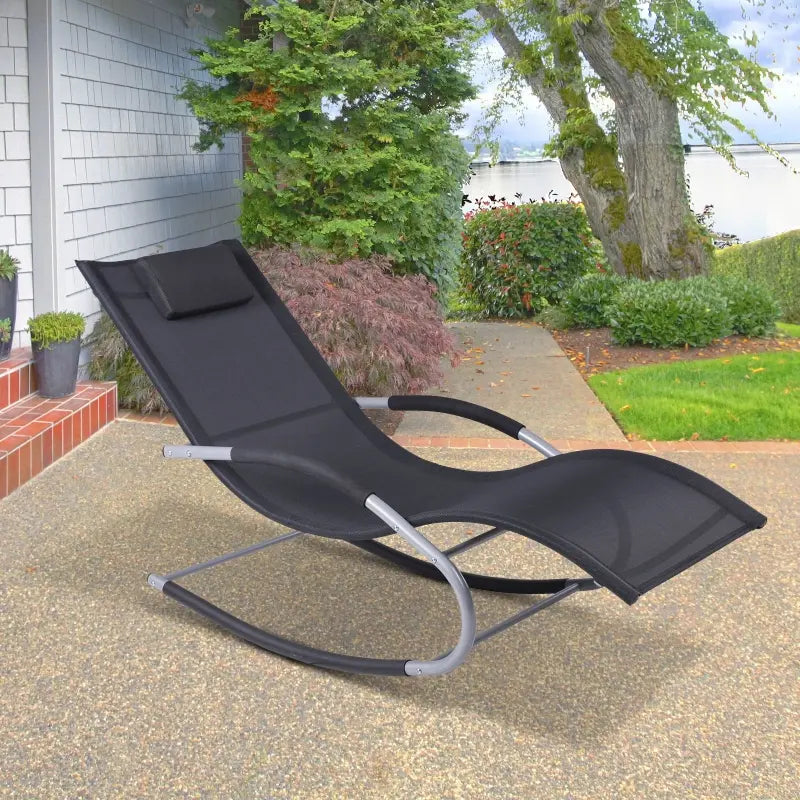 Outsunny Zero Gravity Rocking Chair Outdoor Chaise Lounge Chair Recliner Rocker with Detachable Pillow & Durable Weather-Fighting Fabric for Patio, Deck, Pool, Black