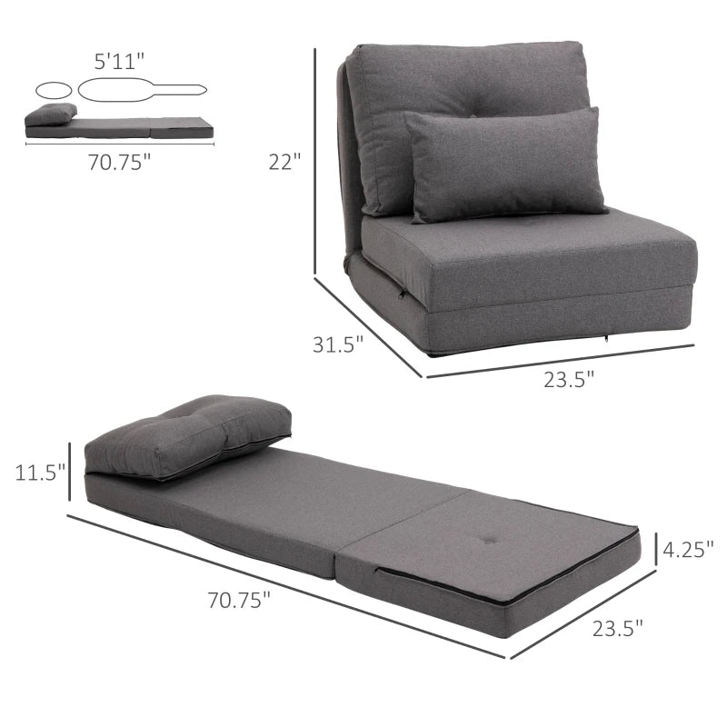HOMCOM Convertible Floor Sofa Bed, Recliner Armchair Upholstered Sleeper Chair with Pillow, Grey