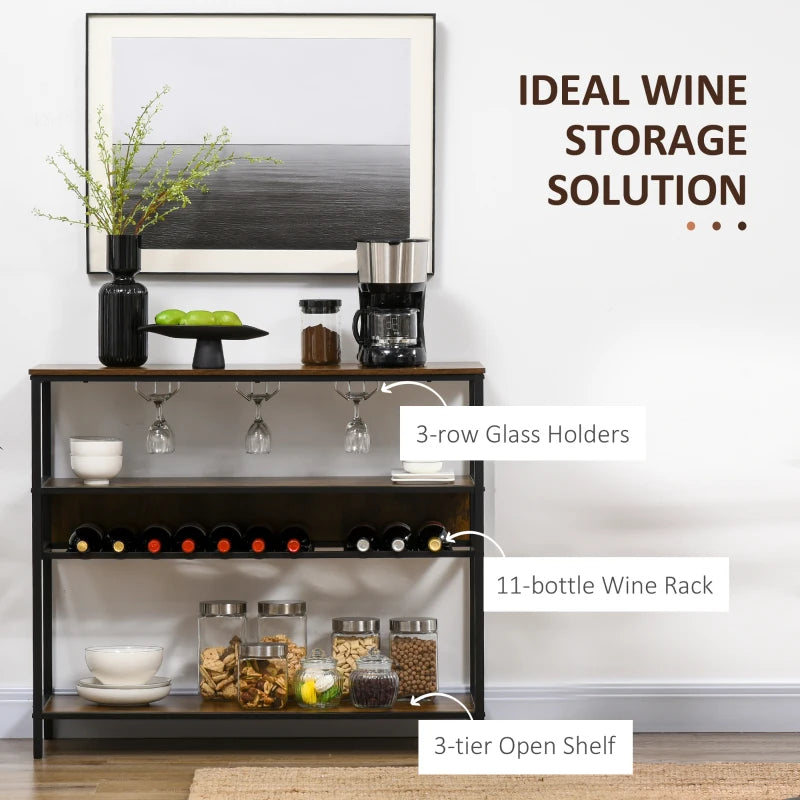 HOMCOM Industrial Wine Rack with 11-Bottles Holder, Free Standing Wine Shelf with Glass Holders for Home Bar, Kitchen, Rustic Brown
