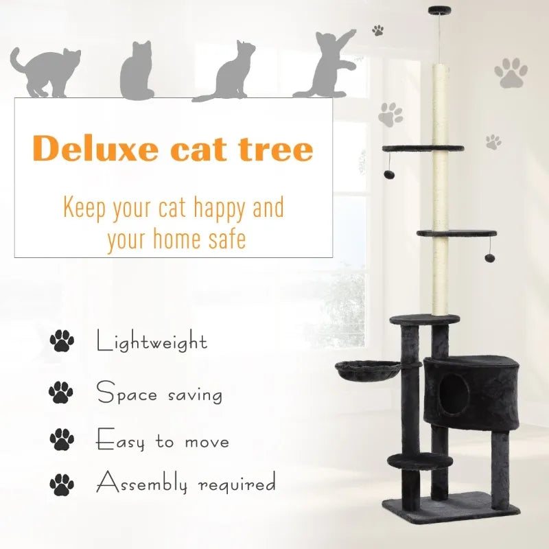 PawHut 100" Cat Climbing Tree Adjustable Kitty Activity Center Floor-to-Ceiling Climber Toy with Scratching Post Condo Pet Furniture, Light Grey