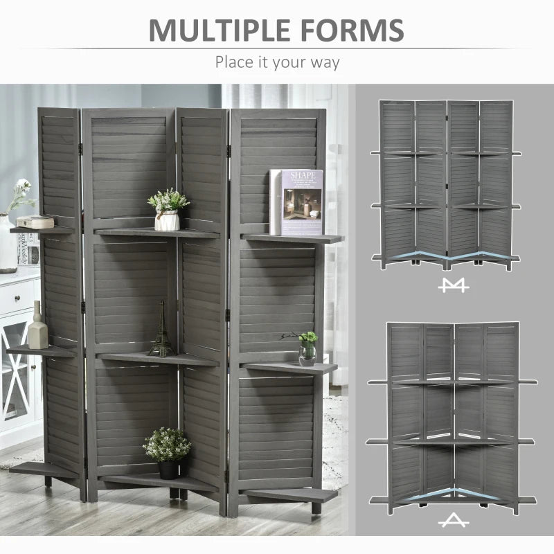 HOMCOM 4 Panel 67" Tall Wood Privacy Screen Room Divider with 3 Display Shelves, and Folding Storage for Bedroom or Home Office, Grey