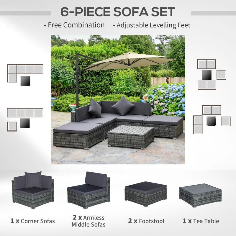 Outsunny 6 Piece Patio Furniture Set, Modular PE Outdoor Wicker Sectional, Conversation Sofa Set with Cushions, 2 Ottomans, 3 Chairs, Coffee Table, Acacia Wood Trim, Beige
