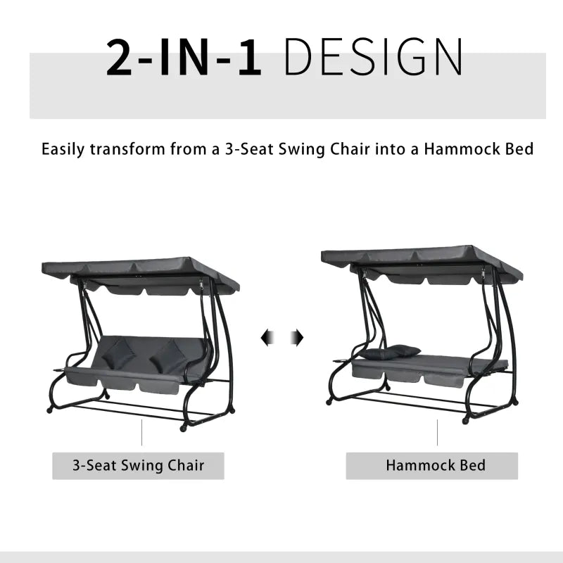 Outsunny 3-Seat Outdoor Patio Swing Chair, Converting Flatbed, Outdoor Swing Glider with Adjustable Canopy, Removable Cushion and Pillows, for Porch, Garden, Poolside, Backyard, Black