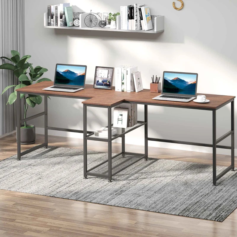 HOMCOM Two Person Desk w/ Storage Shelves, Computer Office Double Desk, Writing Table