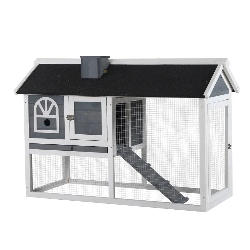 PawHut Rabbit Hutch, Wooden Bunny Hutch, Guinea Pig Cage, Small Animal Enclosure with Run Area, Removable Tray, Asphalt Roof, Lockable Doors and Ramp, Gray