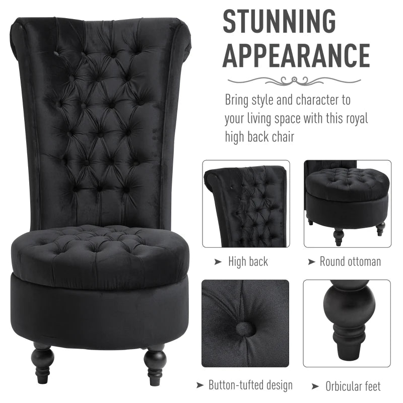 HOMCOM High Back Accent Chair, Upholstered Armless Chair, Retro Button-Tufted Royal Design with Thick Padding and Rubberwood Leg for living Room, Dining room and Bedroom, Black