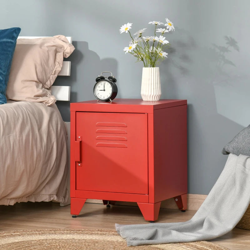 HOMCOM Industrial End Table, Living Room Side Table with Locker-Style Door and Adjustable Shelf, Red