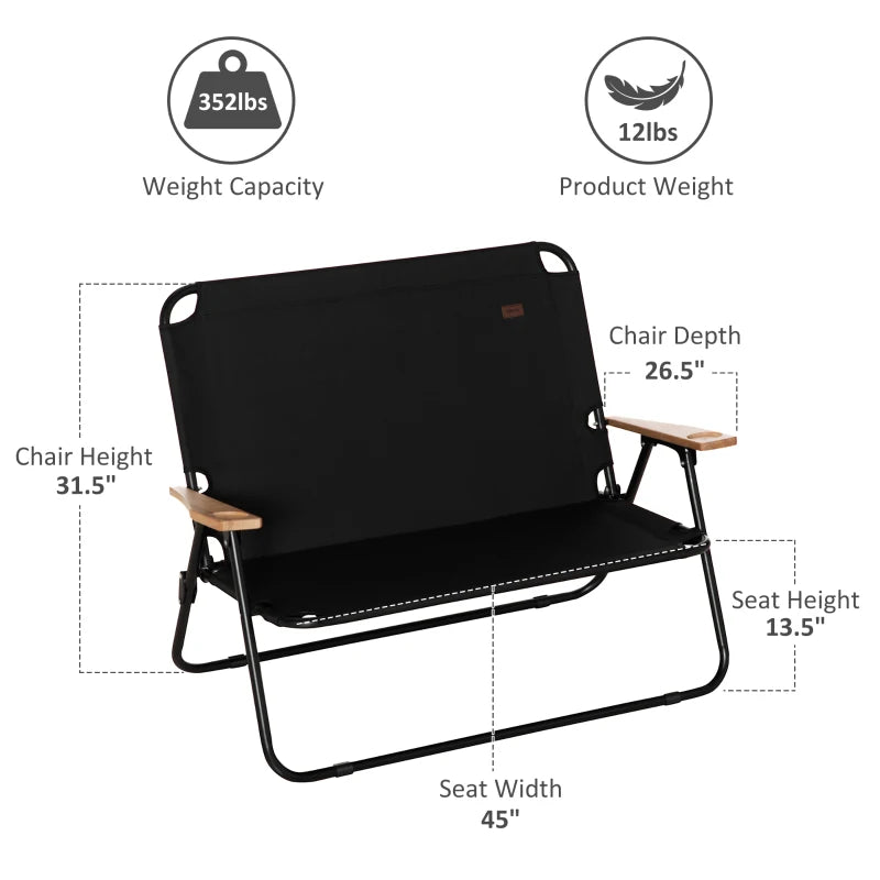 Outsunny Folding Double Camping Chair, Loveseat for 2 Adults, Portable Camping Couch with Wood Armrest & Cupholders, for Beach Sports Travel, Black