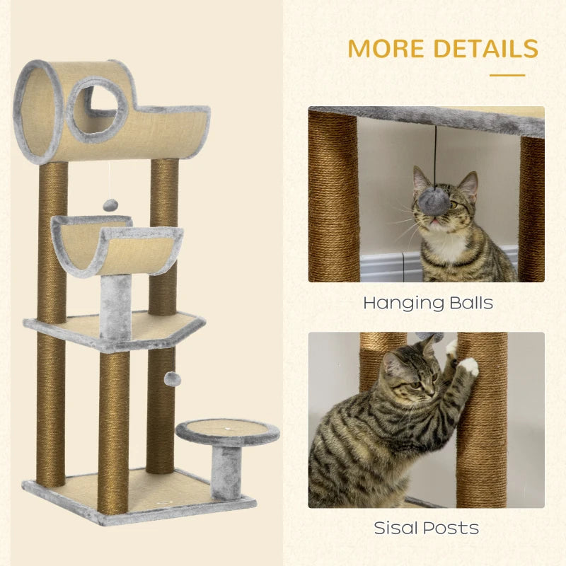 PawHut 28" Elevated Cat Bed with Sisal Scratching Post for Indoor Kitties, Modern Cat Tree with Cute Basket Design, Small Cat Tree with Fun Ball Toy