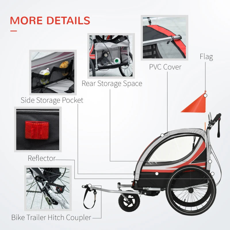 ShopEZ USA 2-in-1 Walk/Ride Foldable Child Baby Bike Trailer for Kids 2 Seater, High-Visibility Bike Stroller for Toddler Wagon, Weather-Strong Double Bicycle Trailer Accessory for Kids, Red