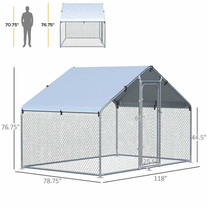 PawHut Galvanized Large Metal Chicken Coop Cage, 3 Room Walk-in Enclosure, Poultry Hen House with UV & Water Resistant Cover for Outdoor Backyard, 10' x 19.7' x 6.4'