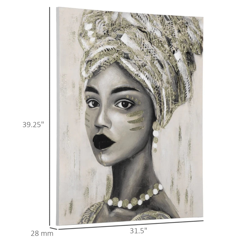 HOMCOM Hand-Painted Canvas Wall Art for Living Room Bedroom, Painting Gold African Woman, 39.25" x 31.5"