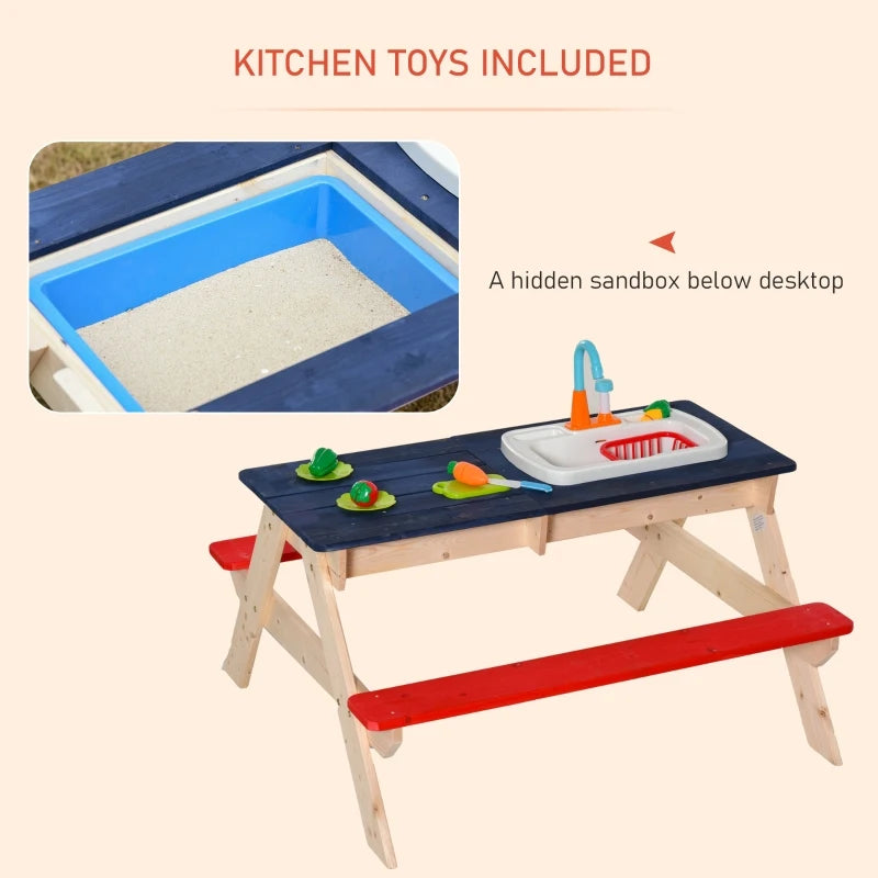 Outsunny Kids Kitchen, Playset Game with Sink, Running Water, Vegetable, Dish for 3-7 Years Old
