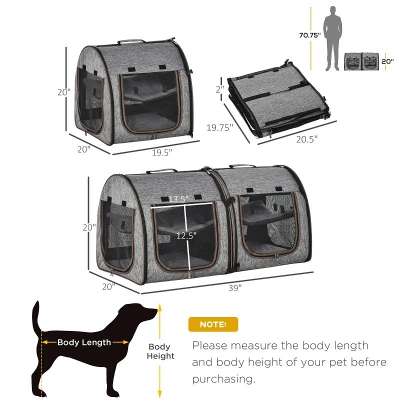 PawHut 39" Portable Soft-Sided Pet Cat Carrier with Divider, Two Compartments, Soft Cushions, & Storage Bag, Grey