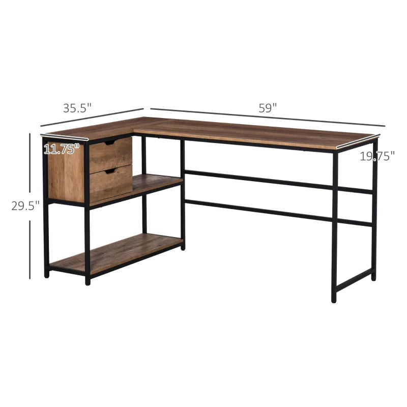 HOMCOM L-Shaped Home Office Writing Desk with Storage Shelf, Drawer, Industrial Corner PC Study Table Computer Workstation, Brown